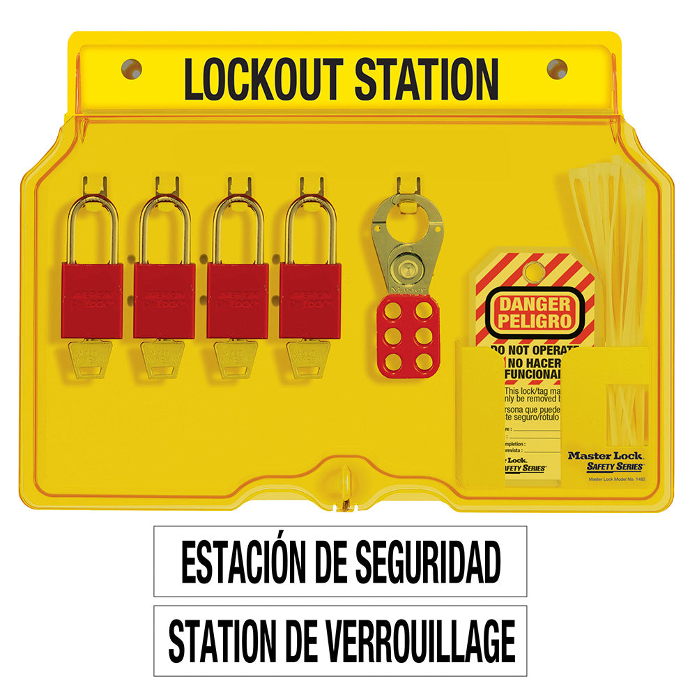 Master Lock 1482BP1106ES Spanish/English 4-Lock Station. A1106Aluminum Padlocks.