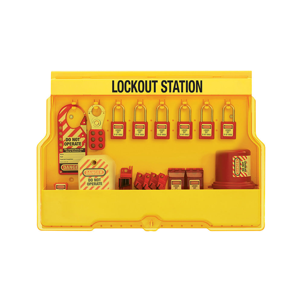 Master Lock S1850E410 Lockout Station with Standard Electrical Device Assortment and six Zenex™ Thermoplastic Padlocks