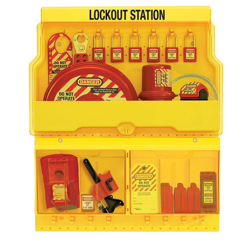 Master Lock S1900VE410 Deluxe Lockout Station with Standard Valve and Electrical Device Assortment and six Zenex™ Thermoplastic Padlocks