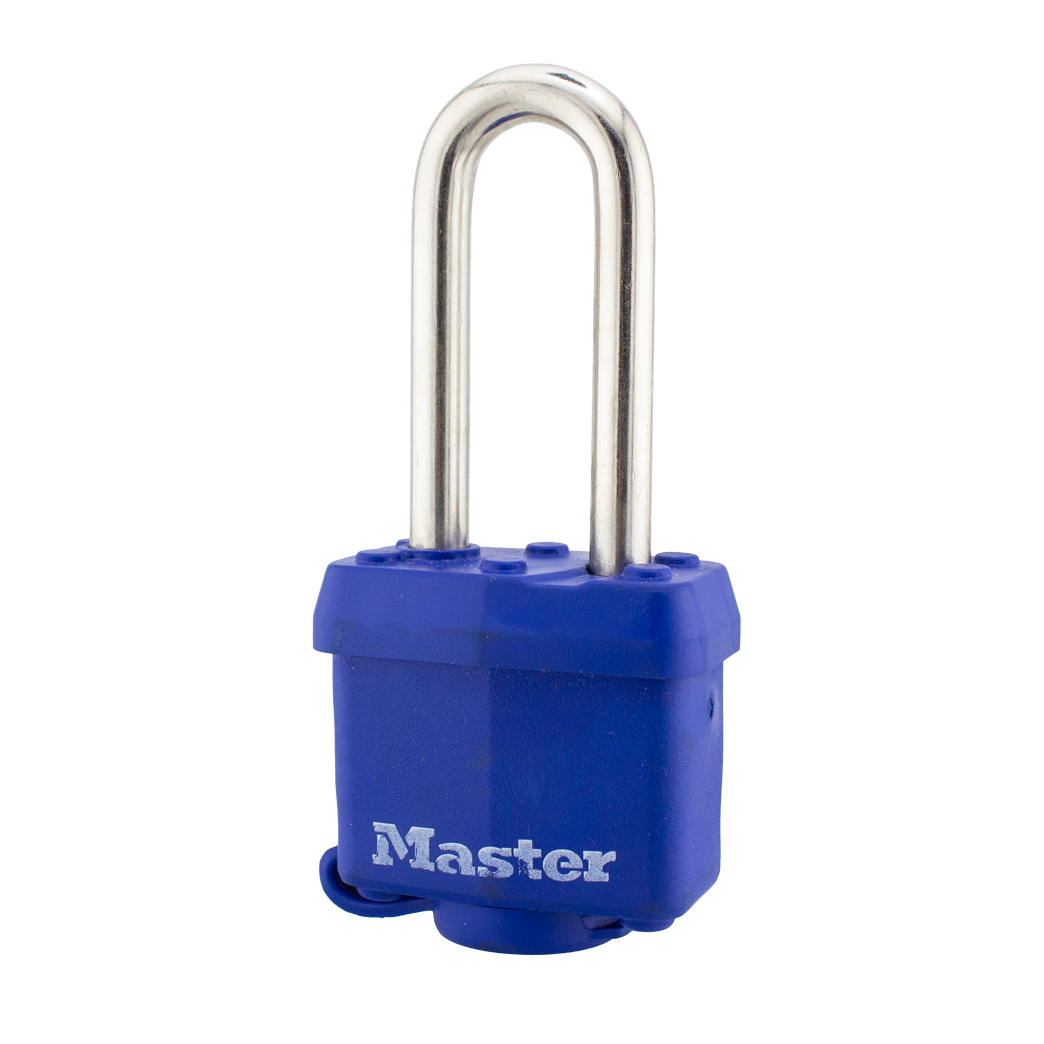 Master Lock 312KA 1-9/16in Wide Covered Laminated Steel Pin Tumbler Padlock, Blue (A152 Keyway)