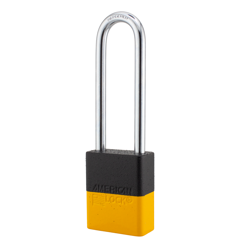 A1107PCBGRP-YLW - Dual Color Powder Coated Black Grip & Yellow Aluminum Safety Padlock