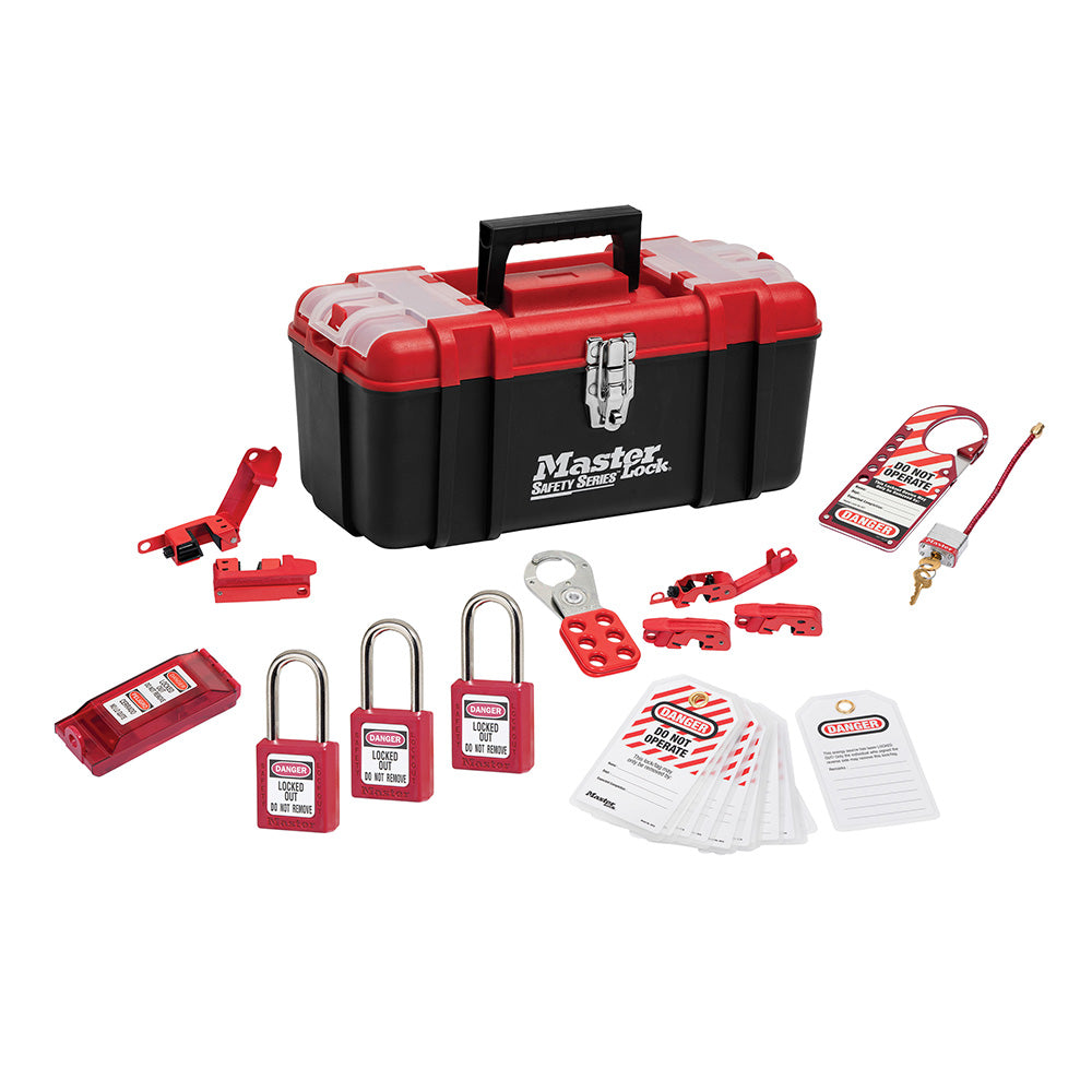 Master Lock 1457E410 Lockout Toolbox with Standard Electrical Device Assortment and three Zenex™ Thermoplastic Padlocks
