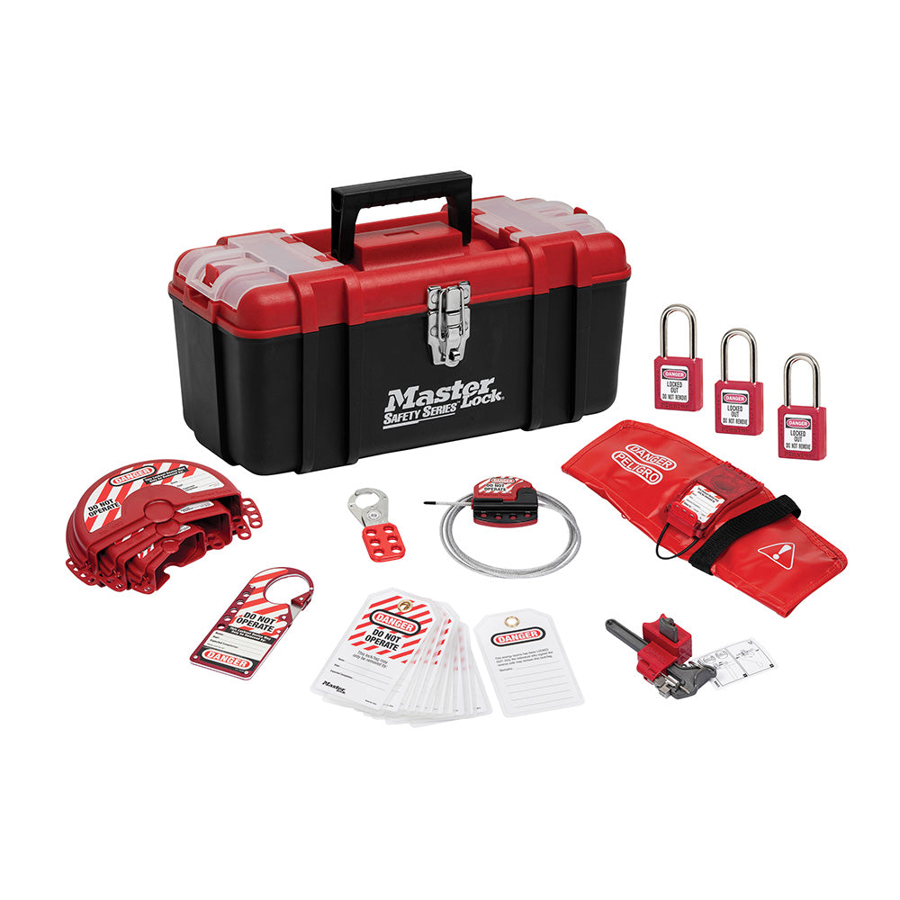 Master Lock 1457V410 Lockout Toolbox with Standard Valve Device Assortment and three Zenex™ Thermoplastic Padlocks