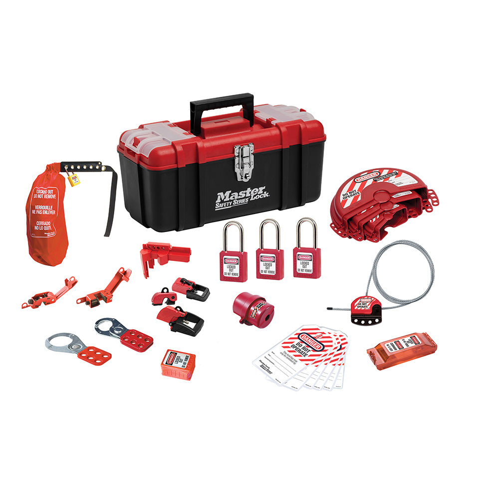Master Lock 1457VE410 Lockout Toolbox with Standard Valve and Electrical Device Assortment and three Zenex™ Thermoplastic Padlocks