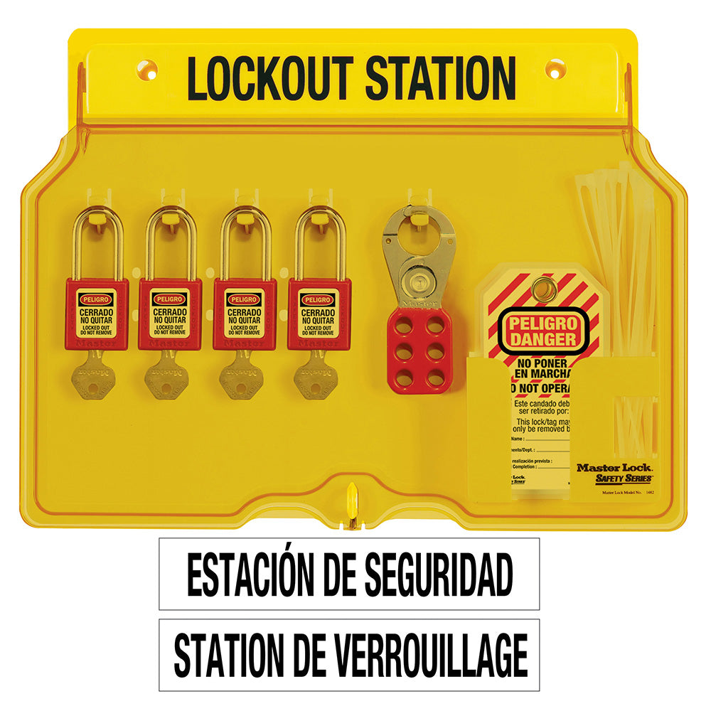 Master Lock 1482BP410ES Spanish/English 4-Lock Station. 410Zenex™ Thermoplastic Padlocks.