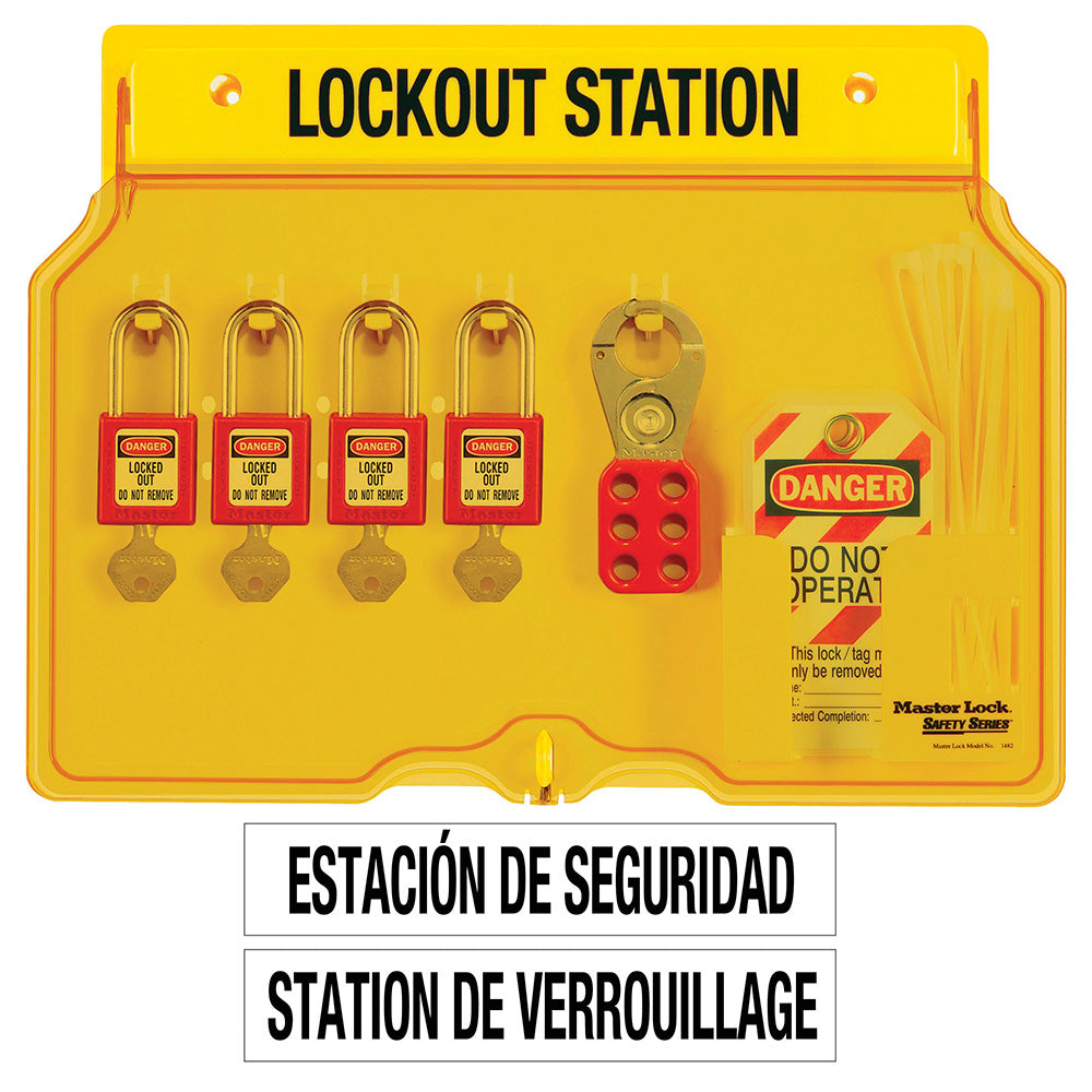 Master Lock 1482BP410 4-Lock Covered Station with 410Zenex™ Thermoplastic Padlocks.