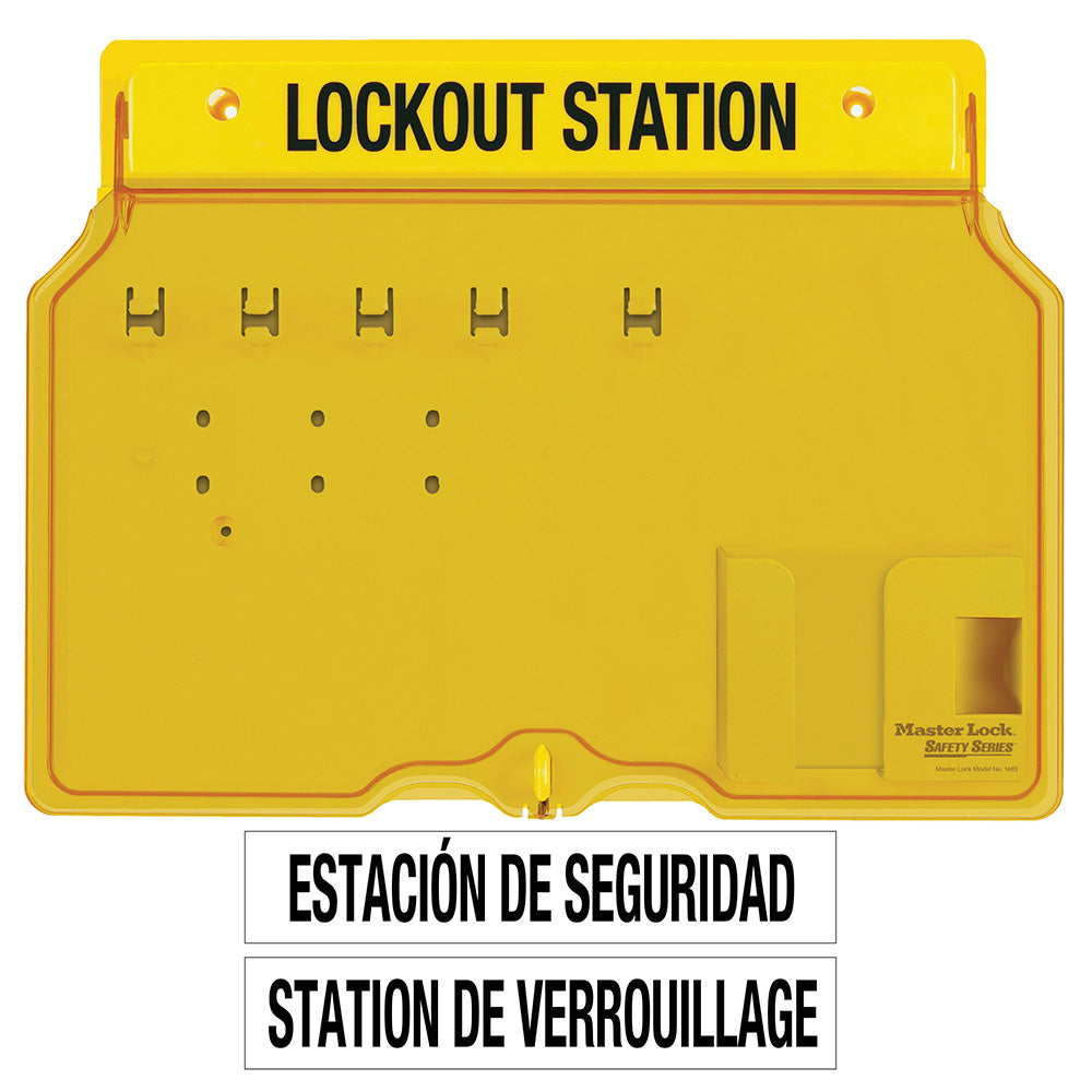 Master Lock 1482 4-Lock Covered Station with Trilingual Labels, Unfilled.
