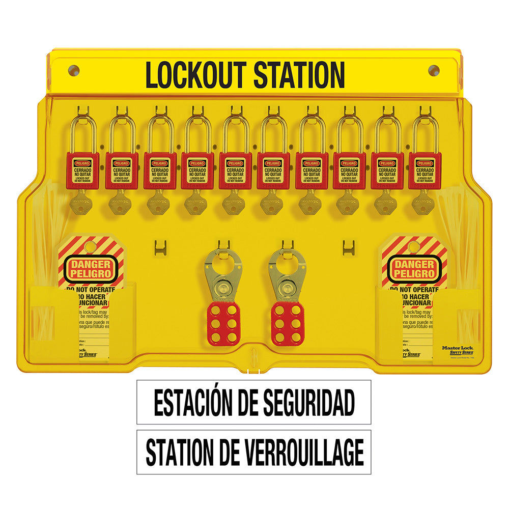 Master Lock 1483BP410ES Spanish/English 10-Lock Station. 410Zenex™ Thermoplastic Padlocks.