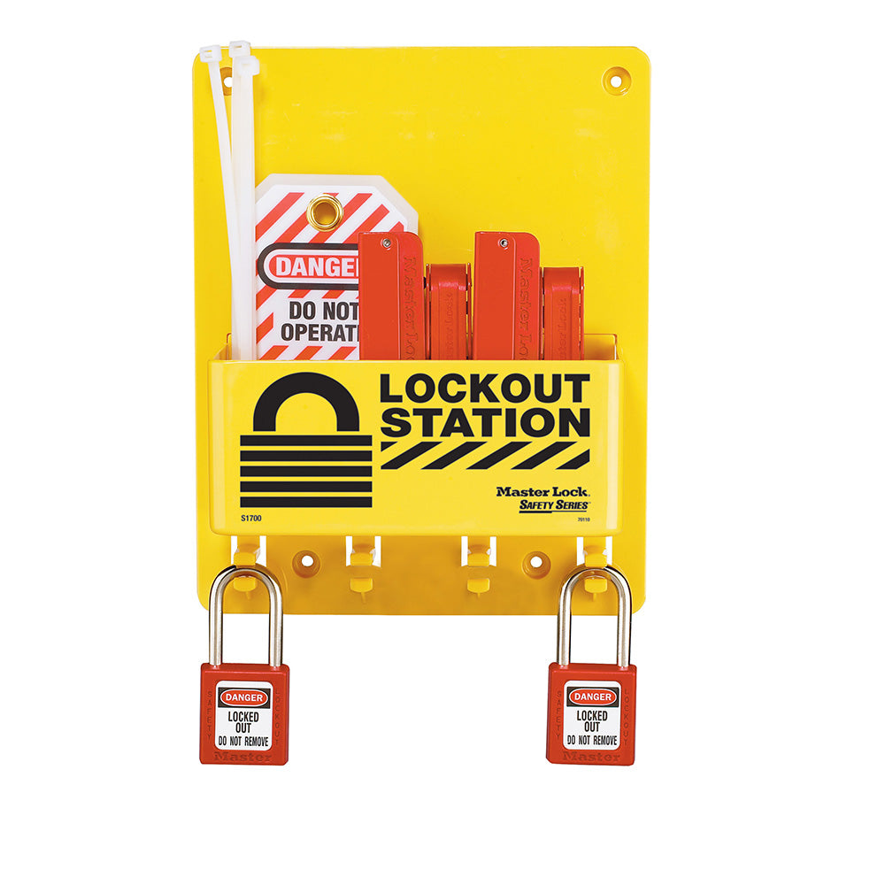 Master Lock S1720E410 Compact Lockout Station with two Zenex™ Thermoplastic Padlocks, three Tags, and four Circuit Breaker Lockouts