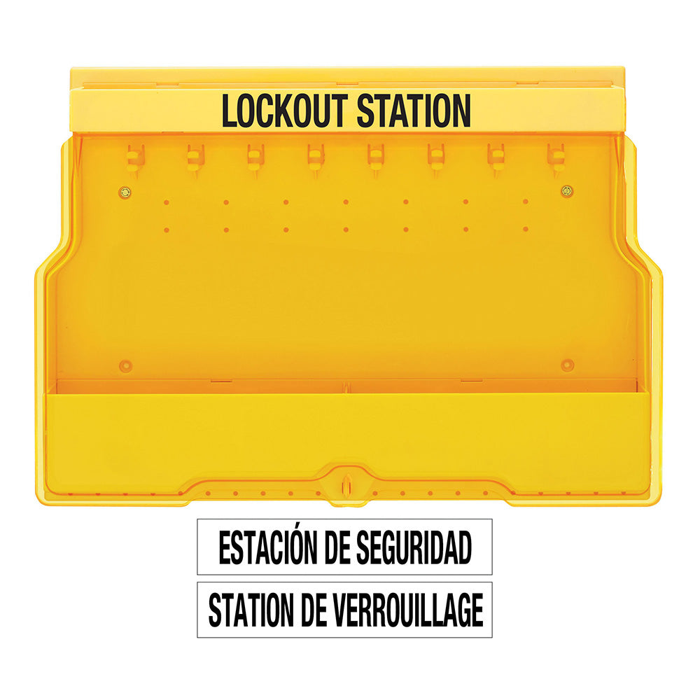 Master Lock S1850 Lockout Station with Cover and Trilingual Labels, Unfilled.