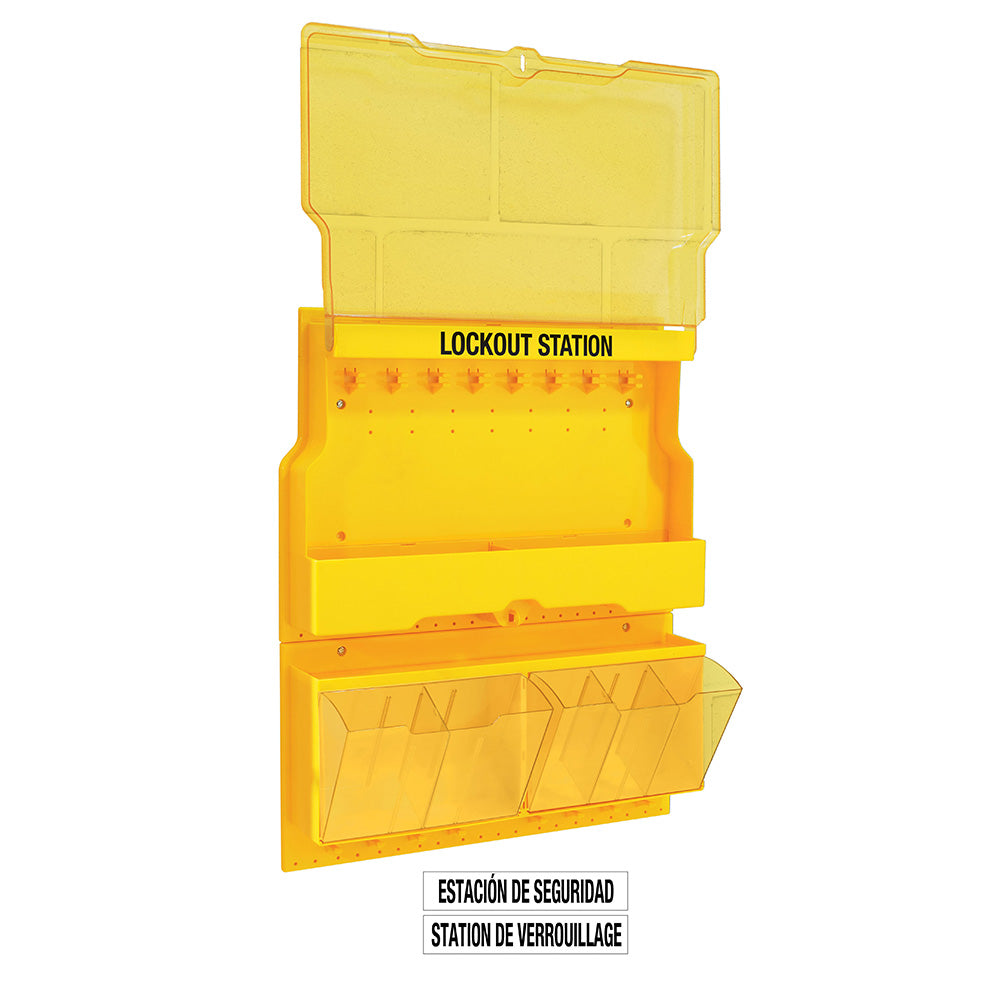 Master Lock S1900 Deluxe Lockout Station with Cover and Trilingual Labels, Unfilled.